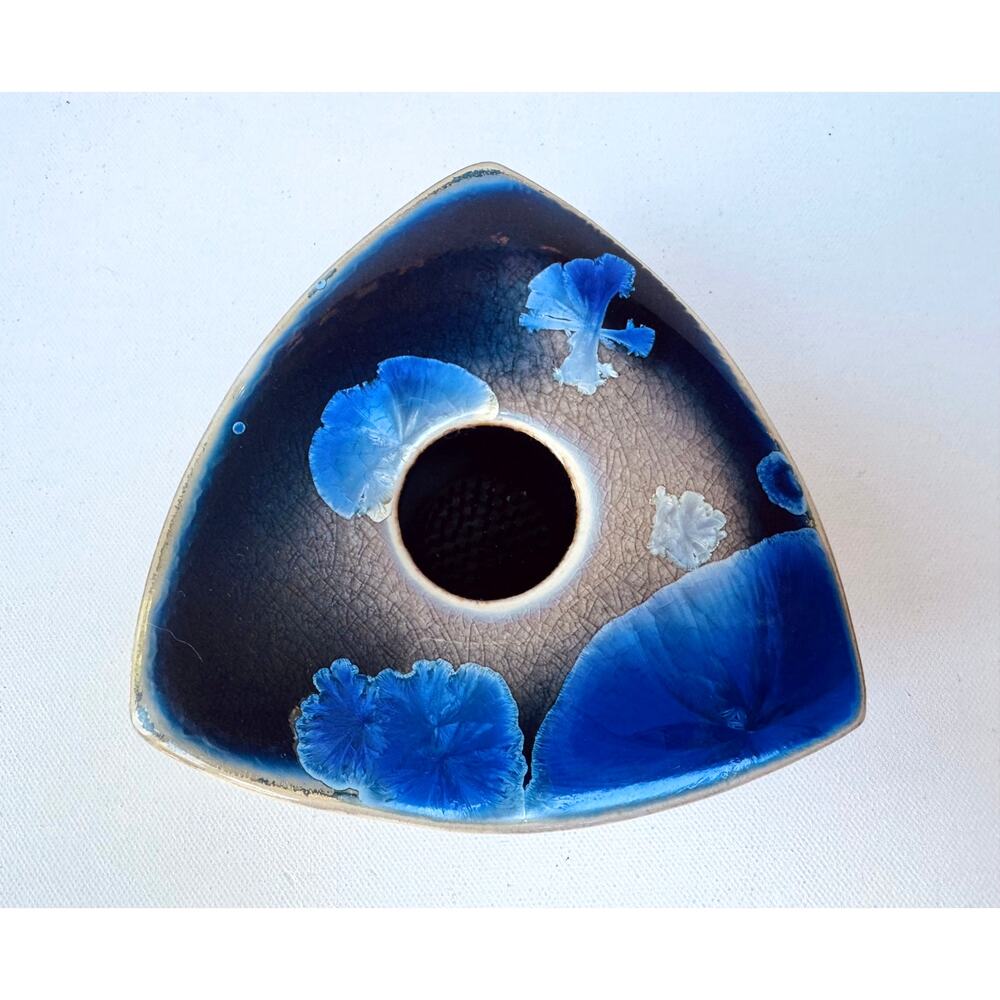 Vintage Crystalline Glaze Studio Pottery Flower Frog Vase Blue Ceramic Ikebana